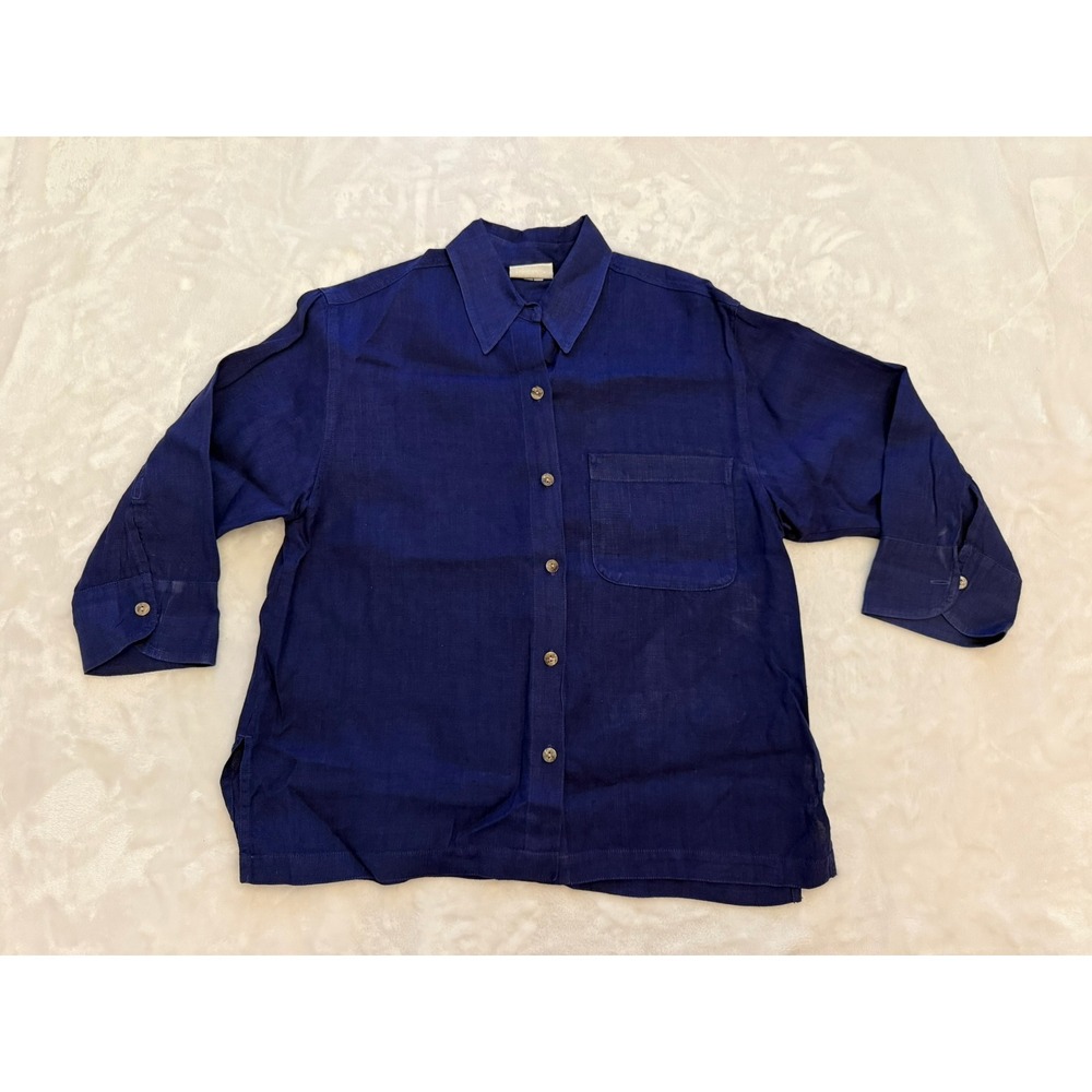 Chicos Design Navy Blue 100% Linen Button Down Shirt Pocket Size 0 Small